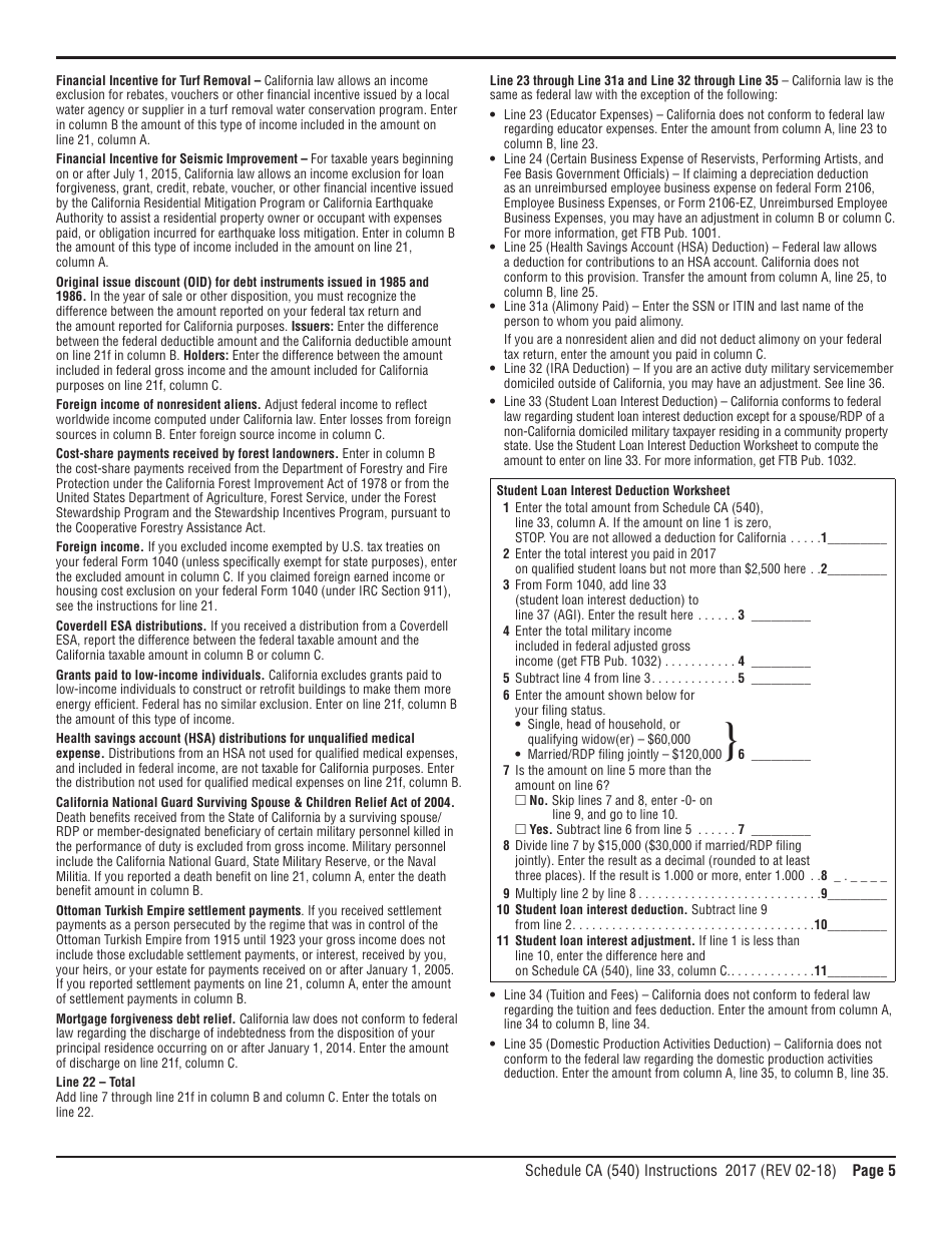 Download Instructions For Form 540 Schedule CA California Adjustments ...