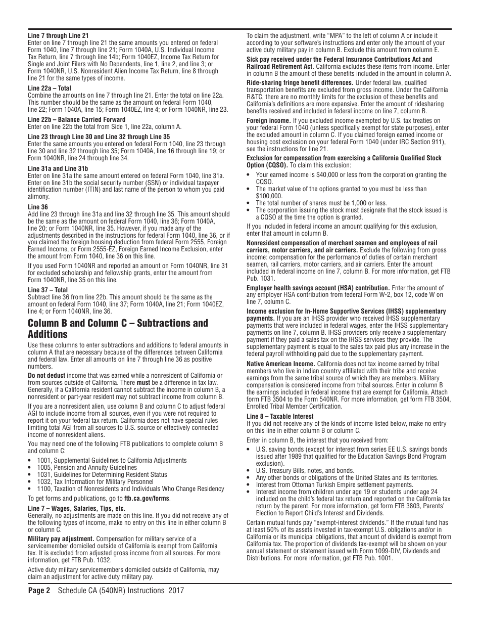 Download Instructions For Form 540NR Schedule CA California Adjustments ...