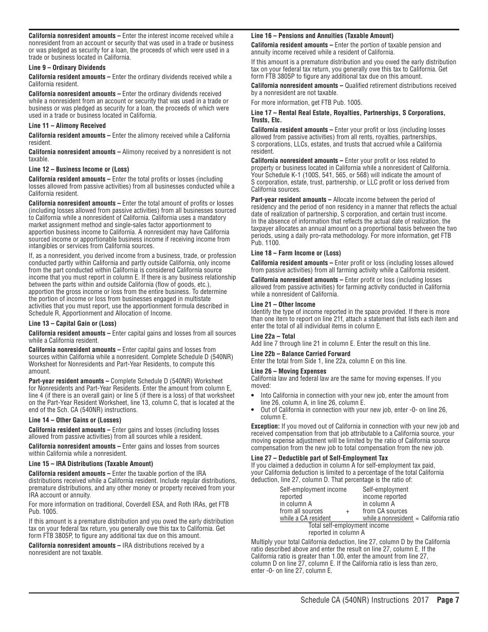 Download Instructions for Form 540NR Schedule CA California Adjustments