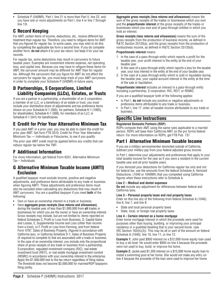 Download Instructions For Form 540NR Schedule P Alternative Minimum Tax ...