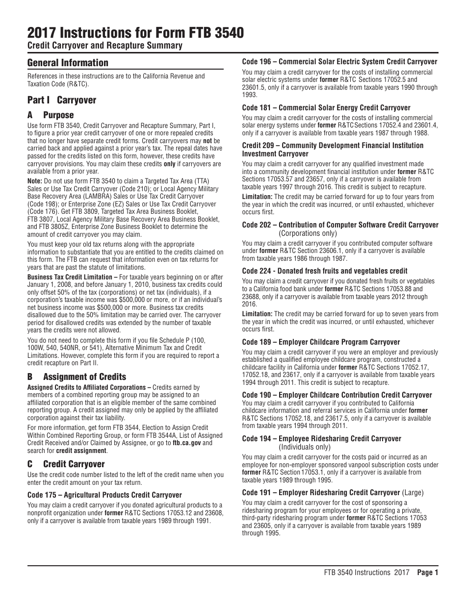 Instructions for Form FTB3540 Credit Carryover and Recapture Summary - California, Page 1