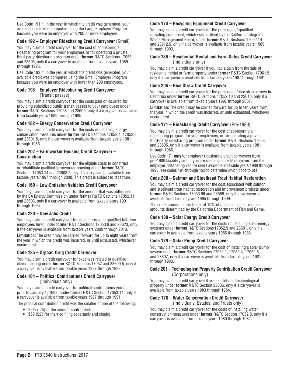 Download Instructions for Form FTB3540 Credit Carryover and Recapture