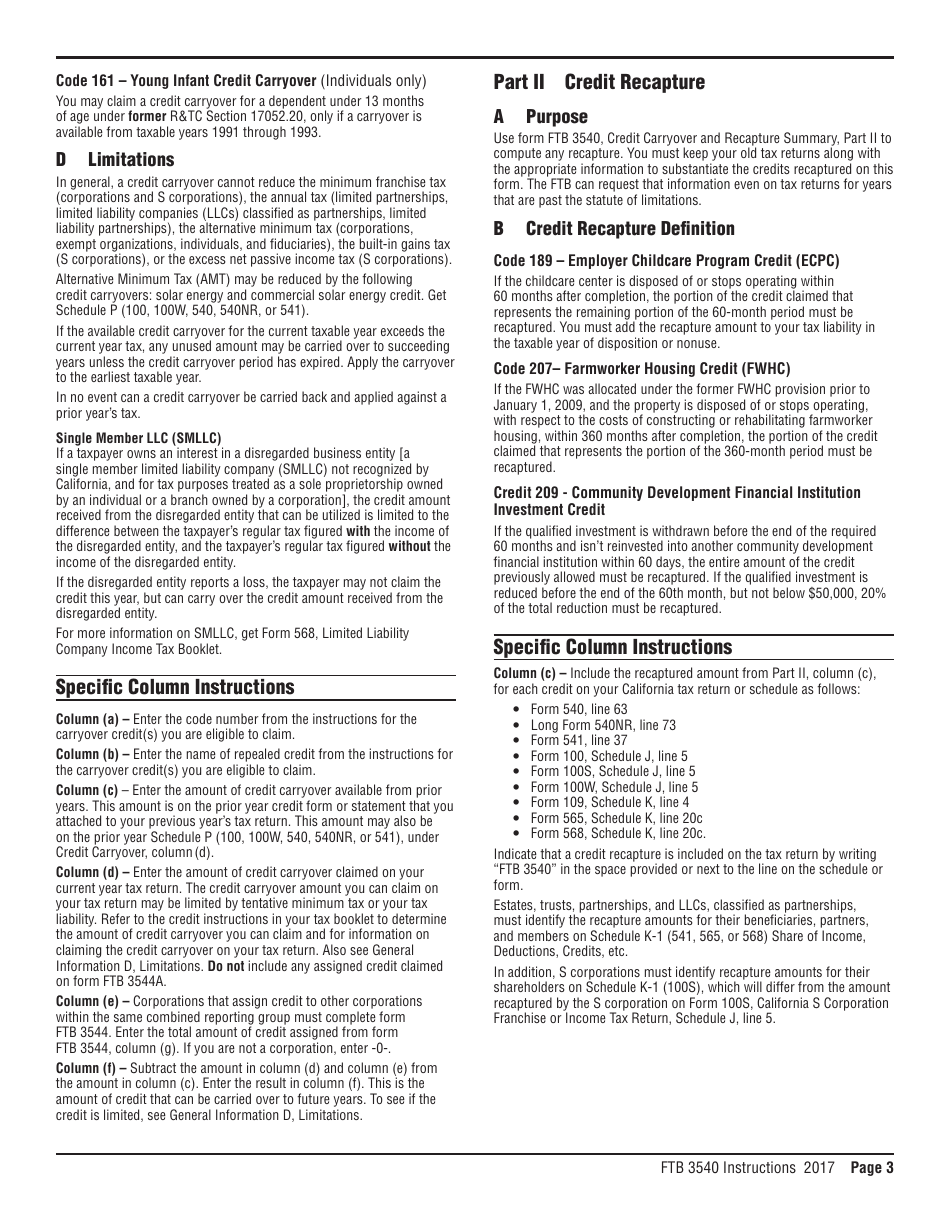 Instructions for Form FTB3540 Credit Carryover and Recapture Summary - California, Page 3