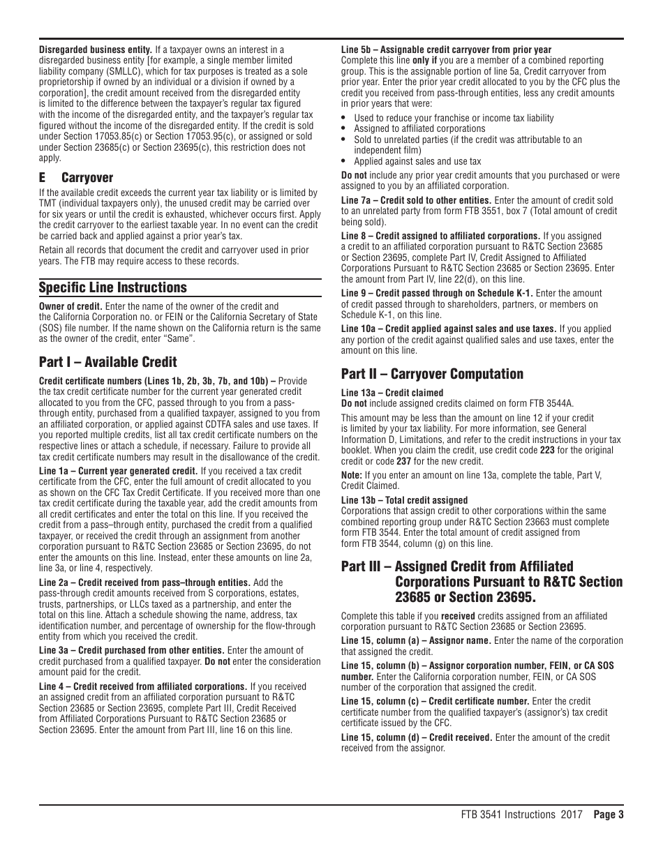 Instructions for Form FTB3541 California Motion Picture and Television Production Credit - California, Page 3