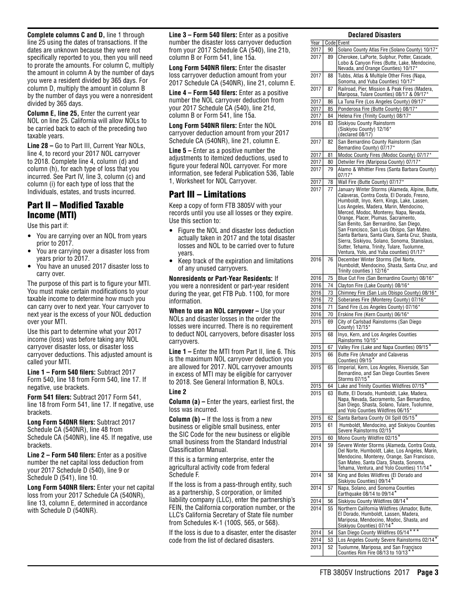 Instructions for Form FTB3805V Net Operating Loss (Nol) Computation and Nol and Disaster Loss Limitations  Individuals, Estates, and Trusts - California, Page 3