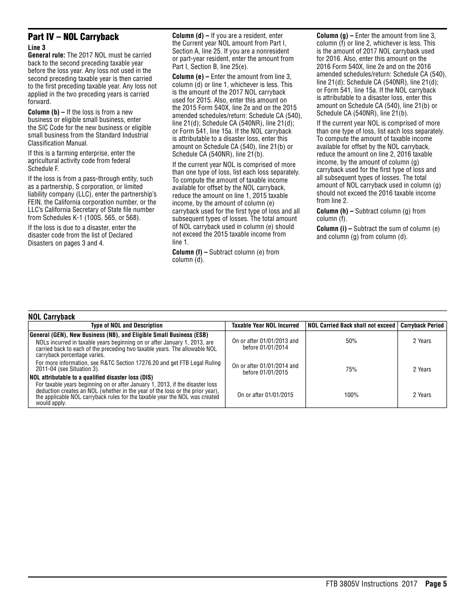 Instructions for Form FTB3805V Net Operating Loss (Nol) Computation and Nol and Disaster Loss Limitations  Individuals, Estates, and Trusts - California, Page 5