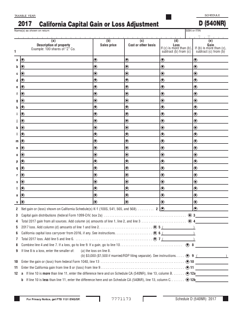 Form 540NR Schedule D 2017 Printable Pdf