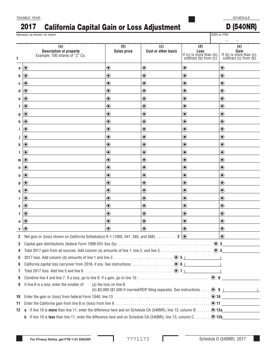 Form 540NR Schedule D California Capital Gain or Loss Adjustment - California, Page 1
