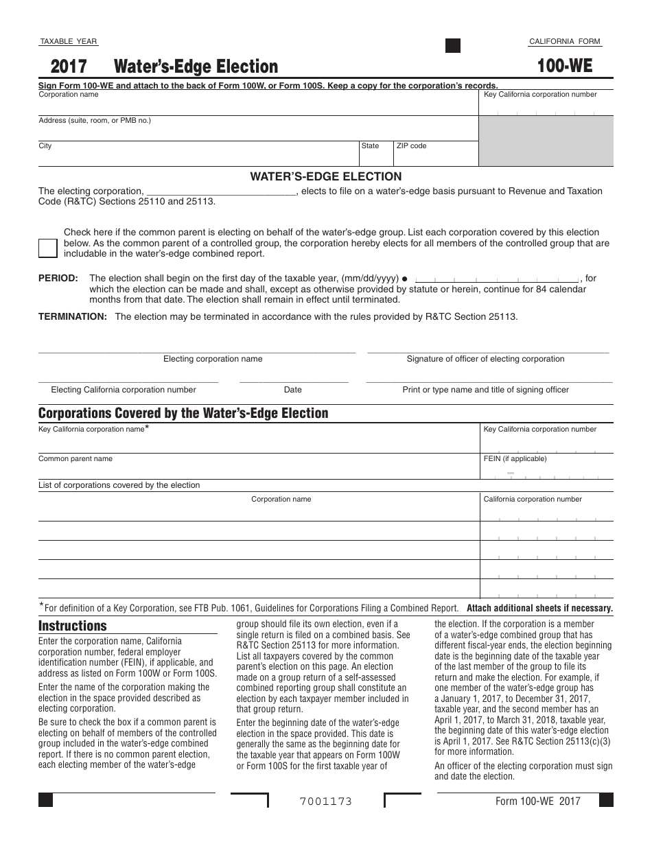 Form 100-WE Waters-Edge Election - California, Page 1