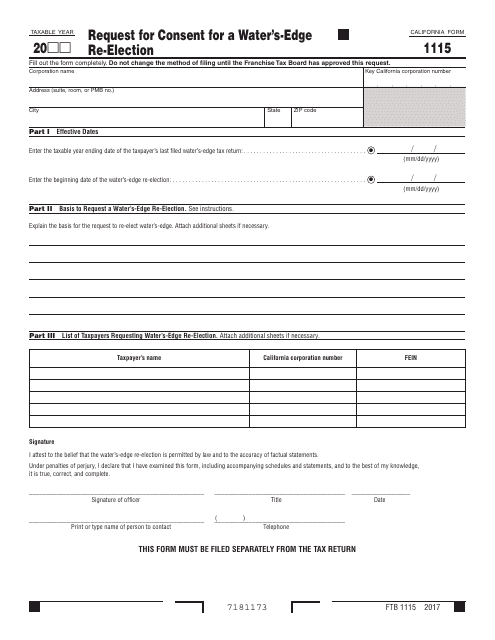 Form FTB1115 Request for Consent for a Water's-Edge Re-election - California