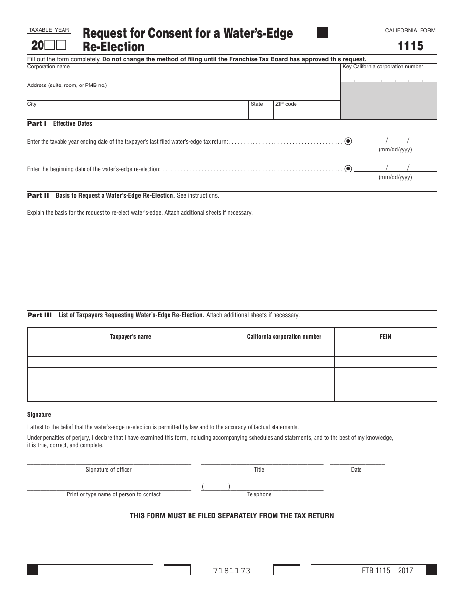 Form FTB1115 Request for Consent for a Waters-Edge Re-election - California, Page 1