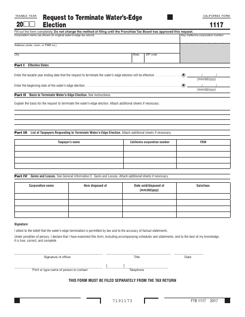 Form FTB1117 Request to Terminate Water's-Edge Election - California
