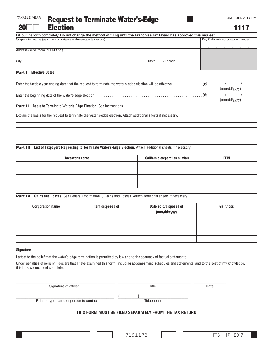 Form FTB1117 Request to Terminate Waters-Edge Election - California, Page 1