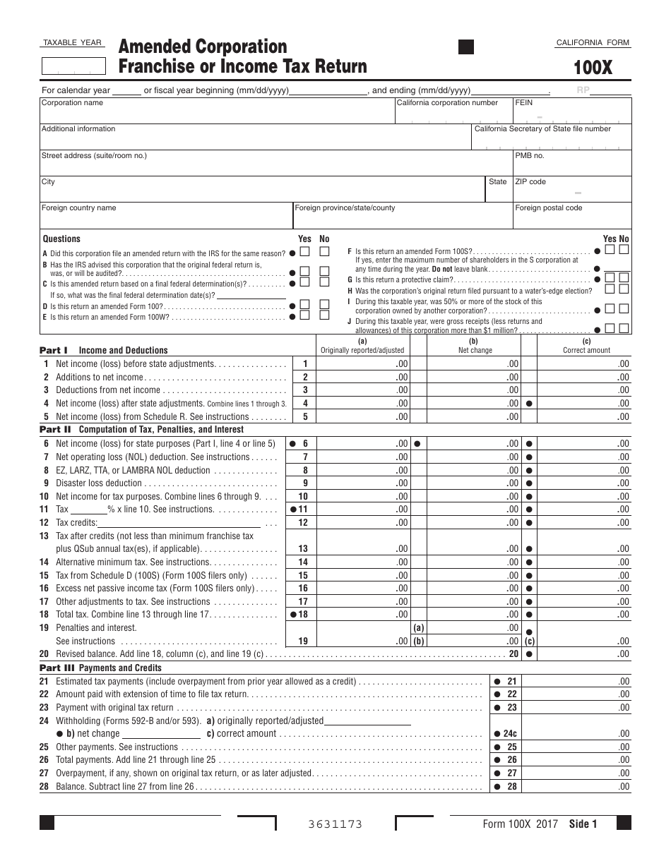 Form 100X Amended Corporation Franchise or Income Tax Return - California, Page 1