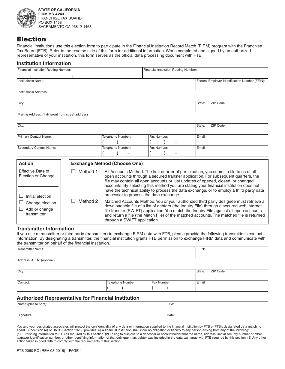 Form FTB2060 PC Financial Institution Record Match (Firm) Election - California, Page 1