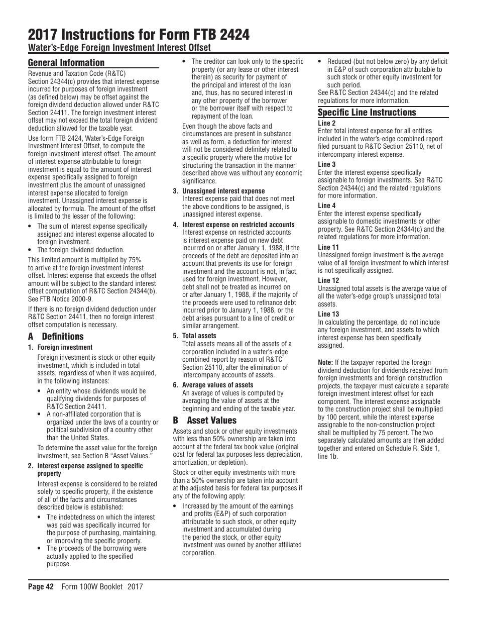 Instructions for Form FTB2424 Waters-Edge Foreign Investment Interest Offset - California, Page 1