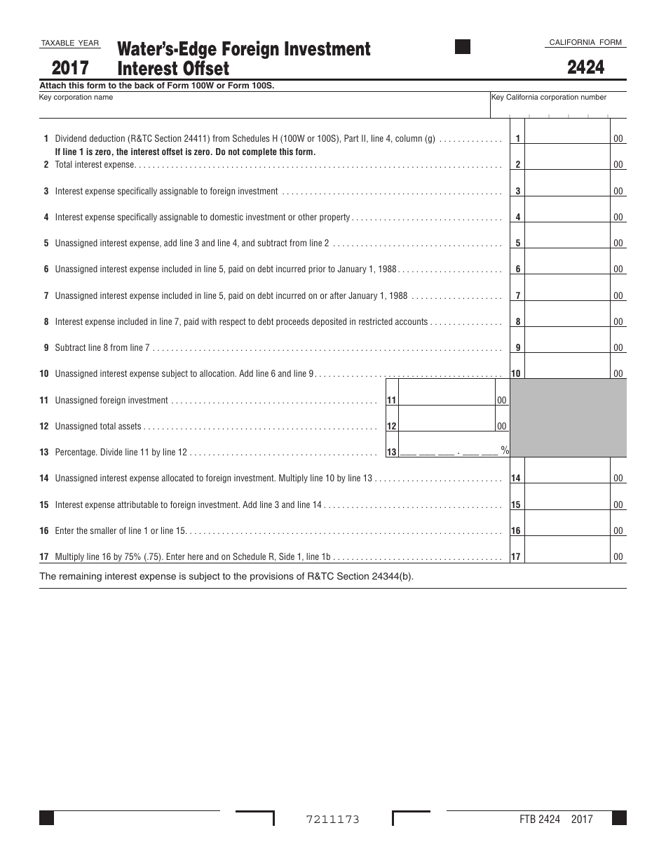 Form FTB2424 Waters-Edge Foreign Investment Interest Offset - California, Page 1