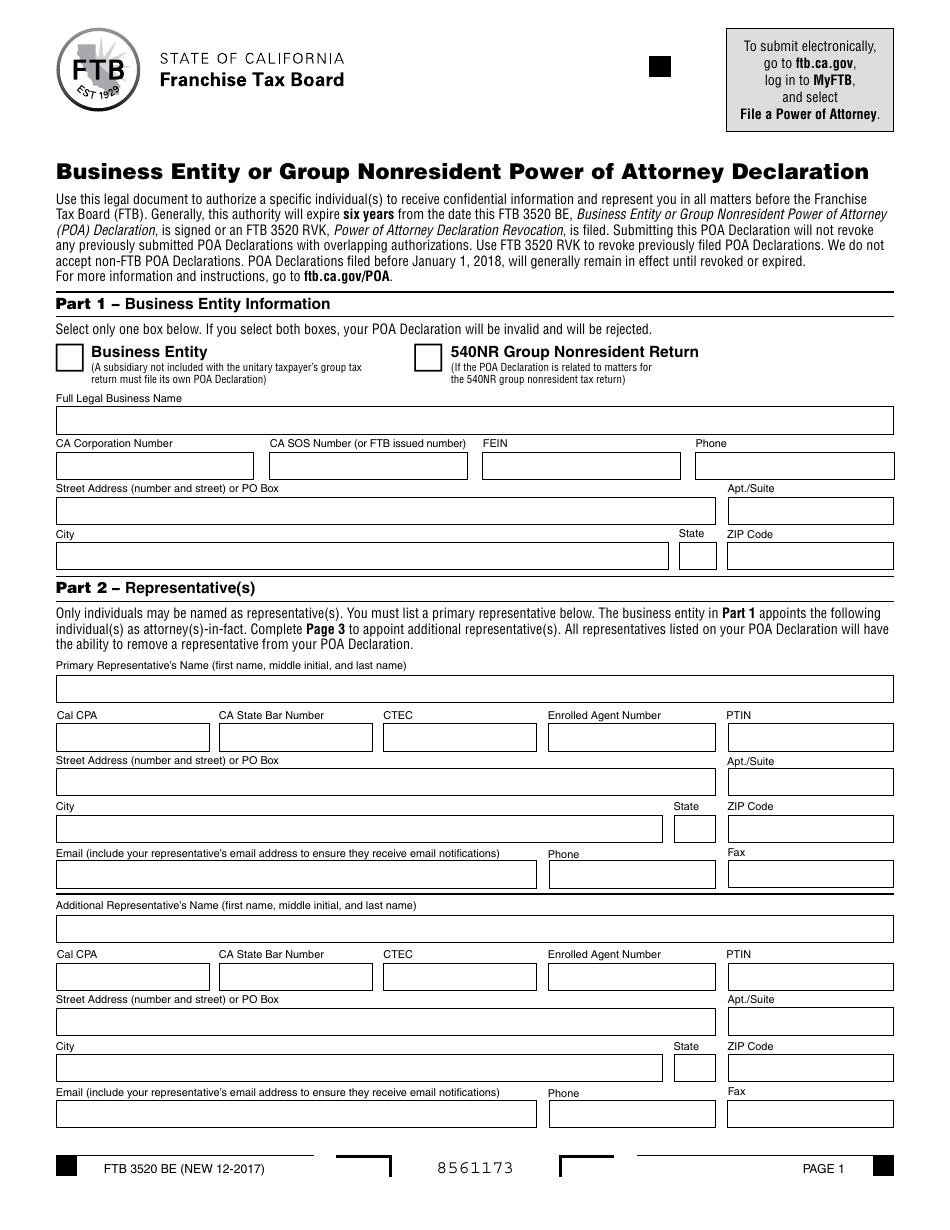 Form FTB3520 BE Business Entity or Group Nonresident Power of Attorney Declaration - California, Page 1