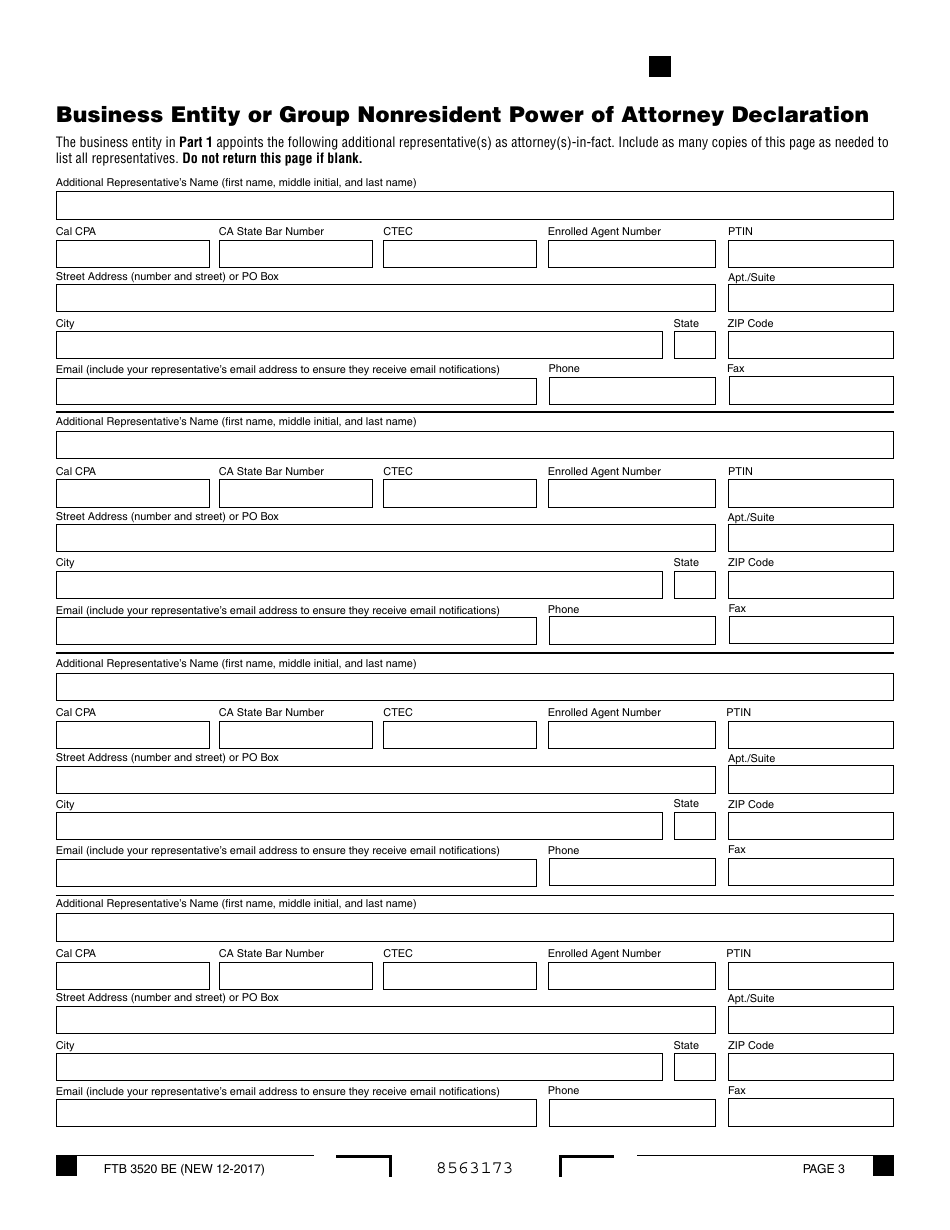 Form FTB3520 BE Business Entity or Group Nonresident Power of Attorney Declaration - California, Page 3
