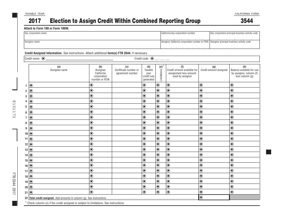 Form FTB3544 Election to Assign Credit Within Combined Reporting Group - California, Page 1