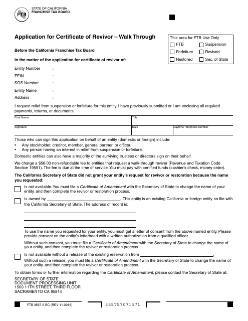 Form FTB3557 A BC Application for Certificate of Revivor - Walk Through - California