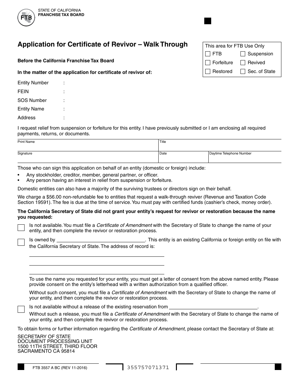 Form FTB3557 A BC Application for Certificate of Revivor - Walk Through - California, Page 1
