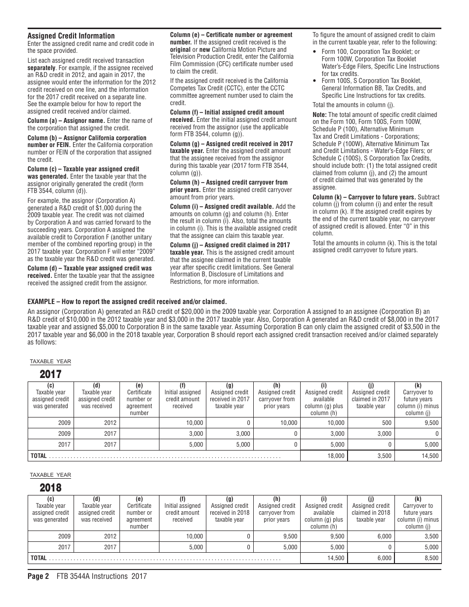 Instructions for Form FTB3544A List of Assigned Credit Received and / or Claimed by Assignee - California, Page 2