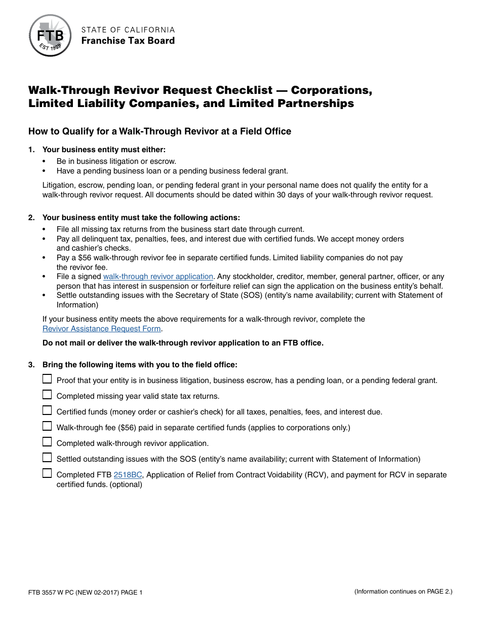 Form FTB3557 W PC Walk-Through Revivor Request Checklist  Corporations, Limited Liability Companies, and Limited Partnerships - California, Page 1