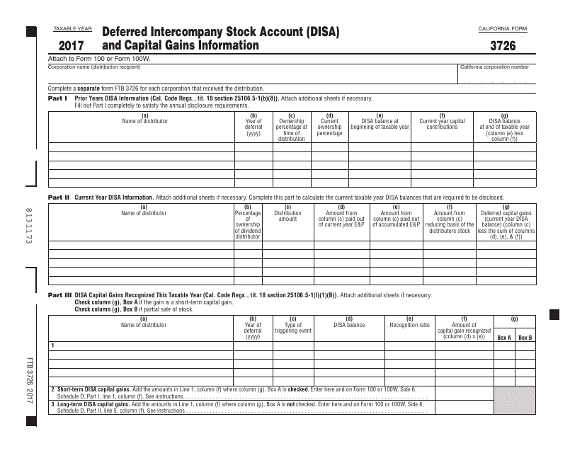 Form FTB3726 Deferred Intercompany Stock Account (Disa) and Capital Gains Information - California, 2017