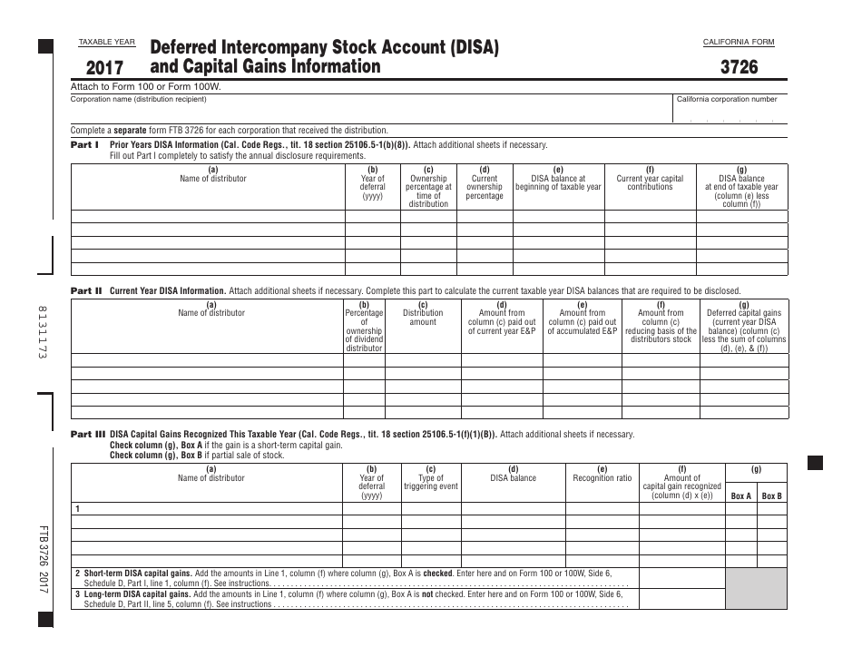 Form FTB3726 Deferred Intercompany Stock Account (Disa) and Capital Gains Information - California, Page 1