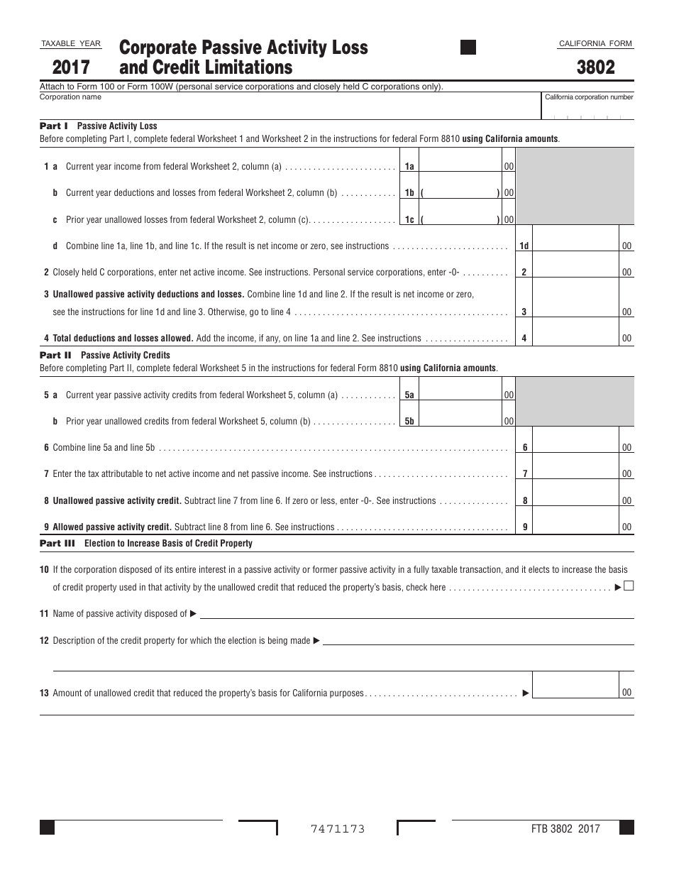 Form FTB3802 Corporate Passive Activity Loss and Credit Limitations - California, Page 1