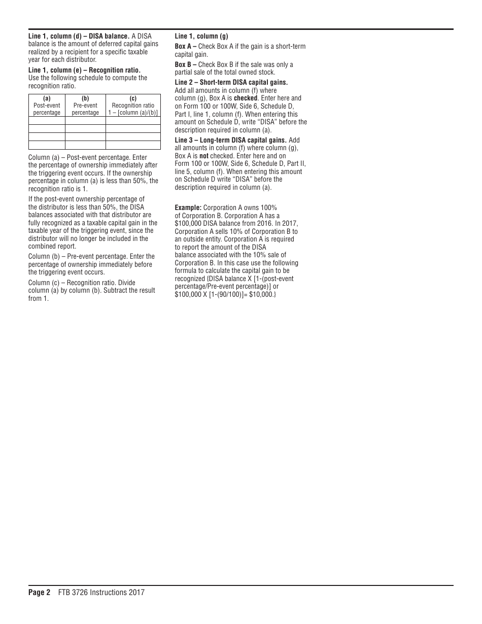 Instructions for Form FTB3726 Deferred Intercompany Stock Account (Disa) and Capital Gains Information - California, Page 2