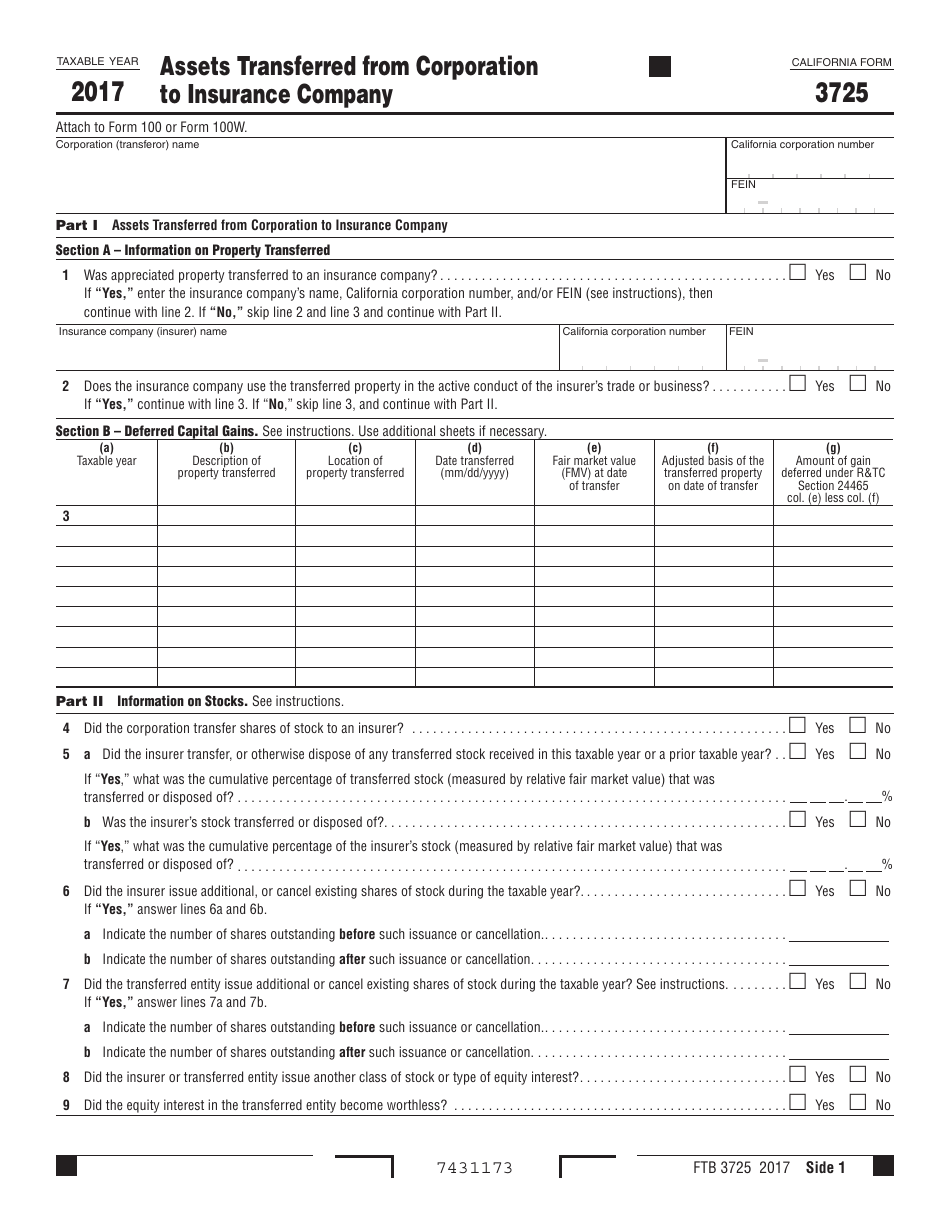 Form FTB3725 Assets Transferred From Corporation to Insurance Company - California, Page 1