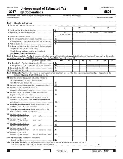Form FTB5806 Underpayment of Estimated Tax by Corporations - California, 2017
