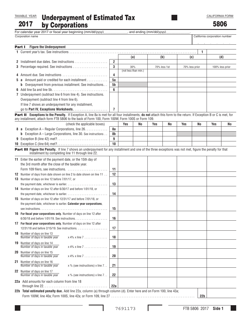Form FTB5806 Underpayment of Estimated Tax by Corporations - California, Page 1