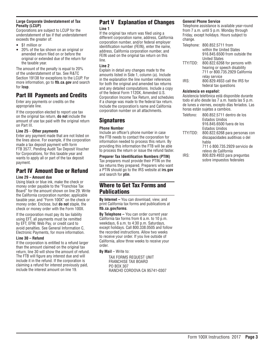 Instructions for Form 100X Amended Corporation Franchise or Income Tax Return - California, Page 3