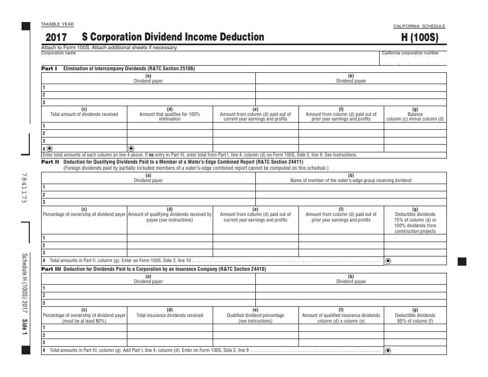 Form 100S Schedule H Corporation Dividend Income Deduction - California, Page 1