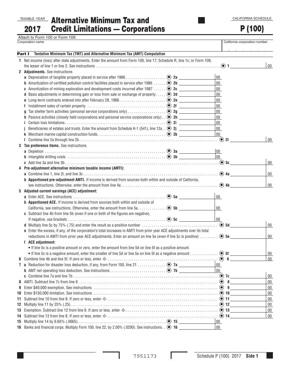 Form 100 Schedule P Alternative Minimum Tax and Credit Limitations  Corporations - California, Page 1