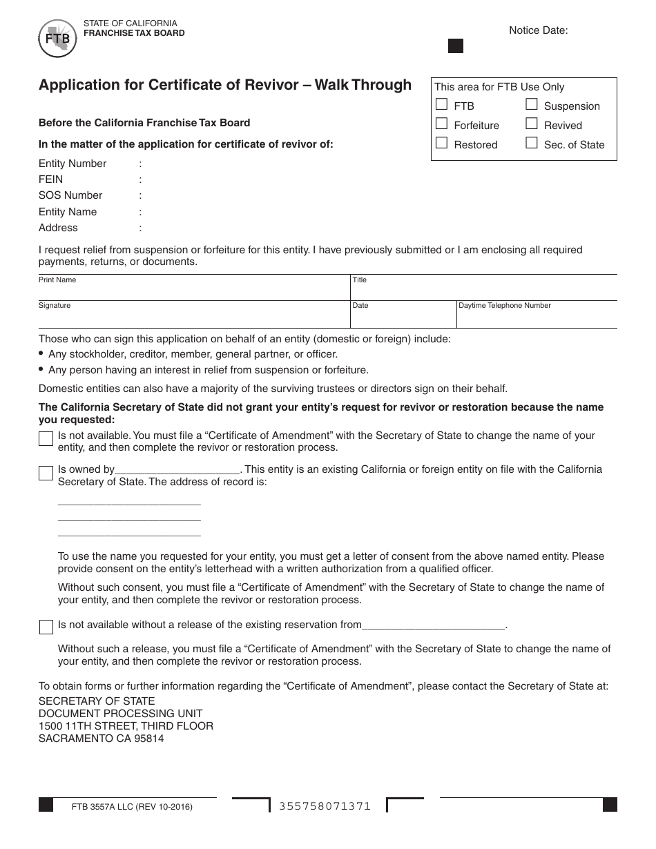 Form FTB3557A LLC Application for Certificate of Revivor - Walk Through - California, Page 1