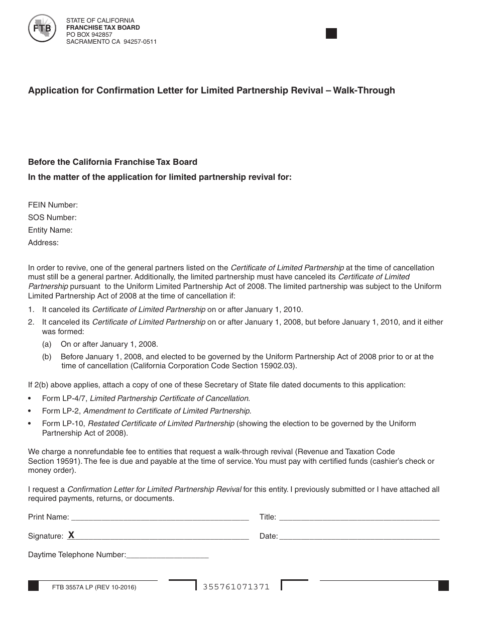 Form FTB3557A LP Application for Confirmation Letter for Limited Partnership Revival - Walk-Through - California, Page 1