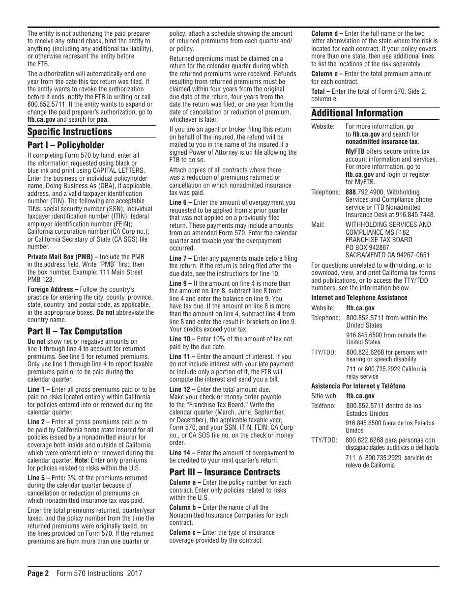 Instructions for Form 570 Nonadmitted Insurance Tax Return - California, Page 2