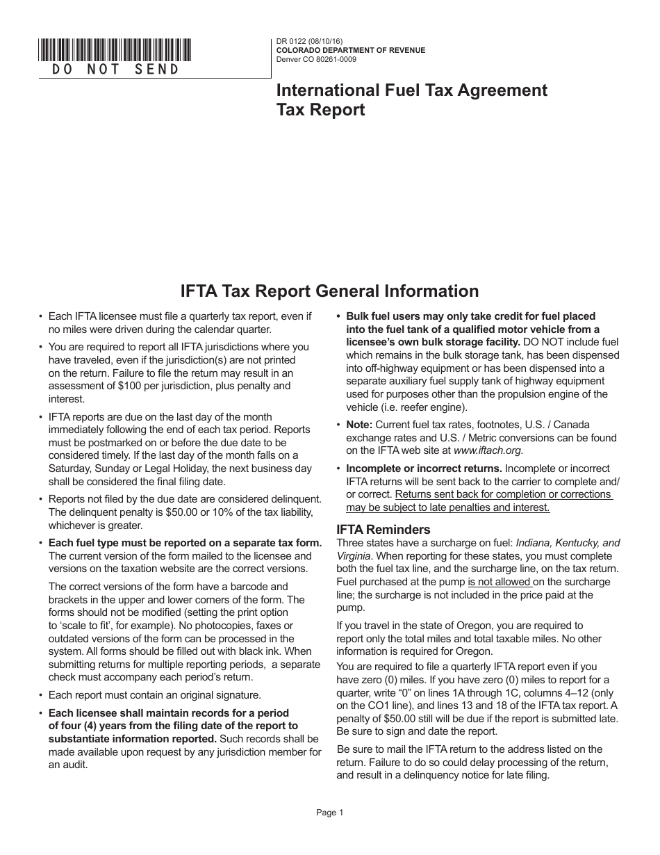 Form DR0122 International Fuel Tax Agreement Tax Report - Colorado, Page 1