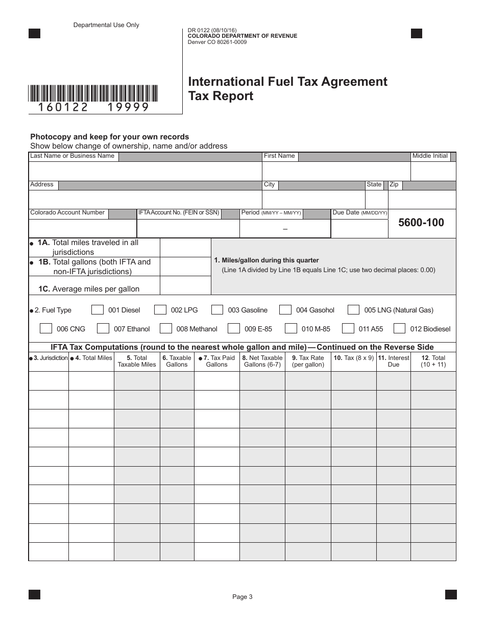 Form DR0122 International Fuel Tax Agreement Tax Report - Colorado, Page 3