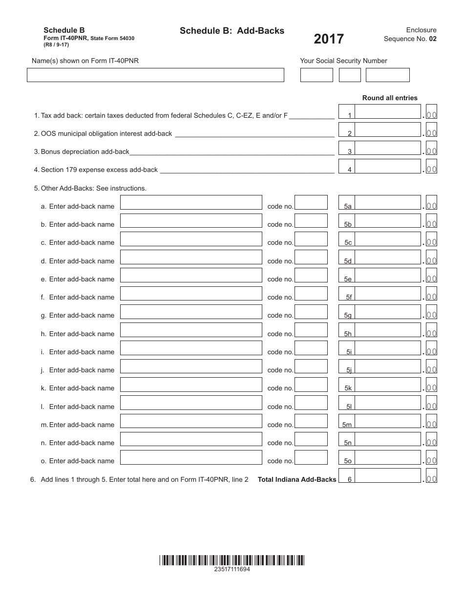 Form IT-40PNR (State Form 54030) Schedule B Add-Backs - Indiana, Page 1