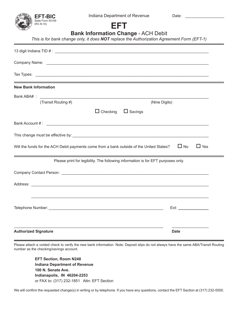 State Form 50109 (EFT-BIC) Bank Information Change - ACH Debit - Indiana, Page 1