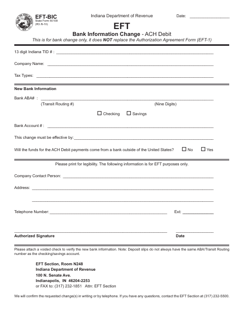 State Form 50109 (EFT-BIC) Bank Information Change - ACH Debit - Indiana