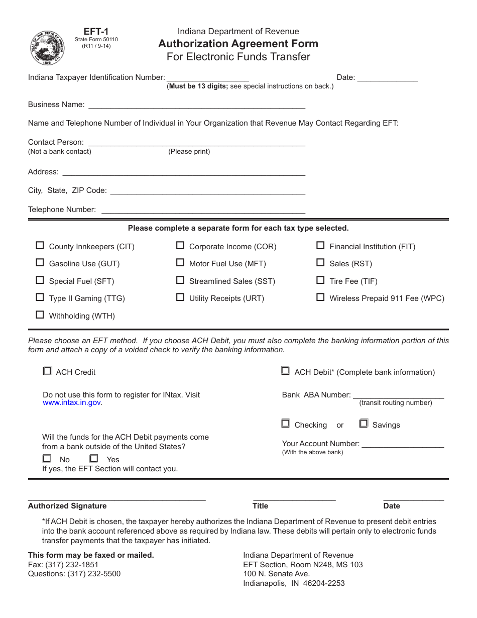 State Form 50110 (EFT-1) Authorization Agreement Form for Electronic Funds Transfer - Indiana, Page 1