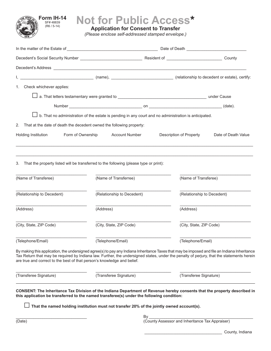 State Form 48839 (IH-14) Application for Consent to Transfer - Indiana, Page 1