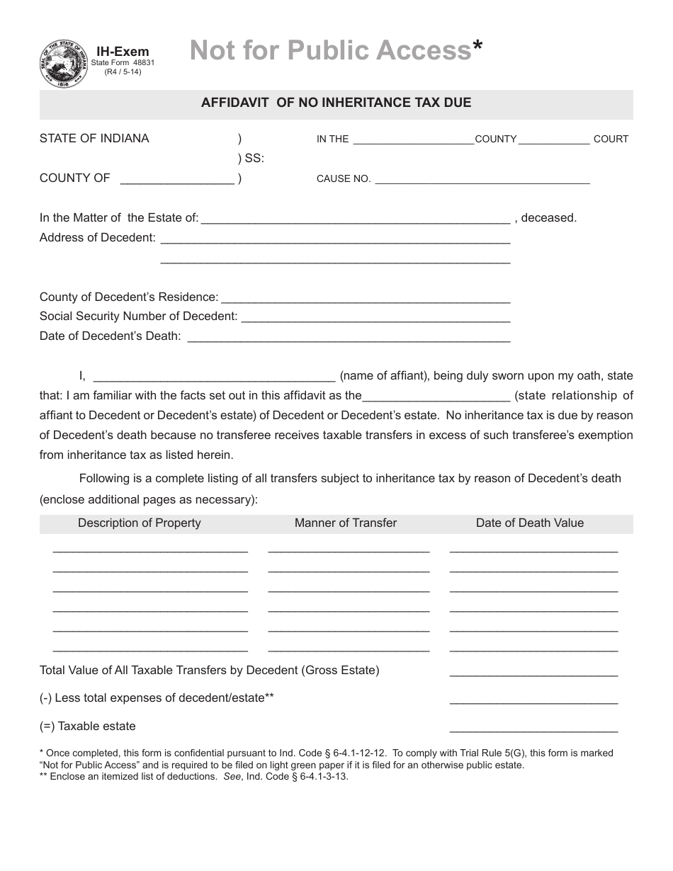 State Form 48831 (IH-EXEM) Affidavit of No Inheritance Tax Due - Indiana, Page 1