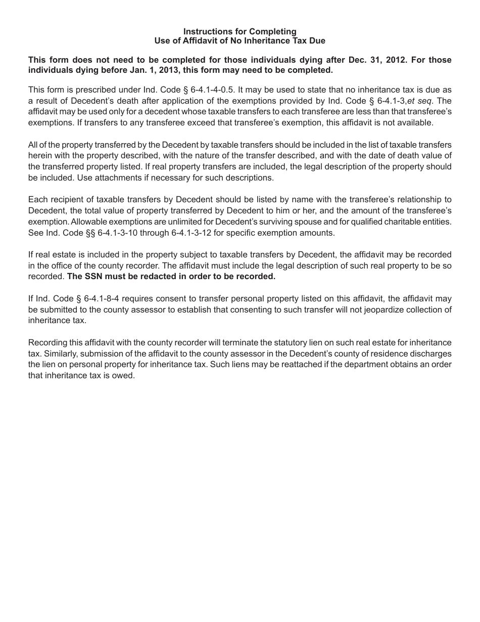 State Form 48831 (IH-EXEM) Affidavit of No Inheritance Tax Due - Indiana, Page 3
